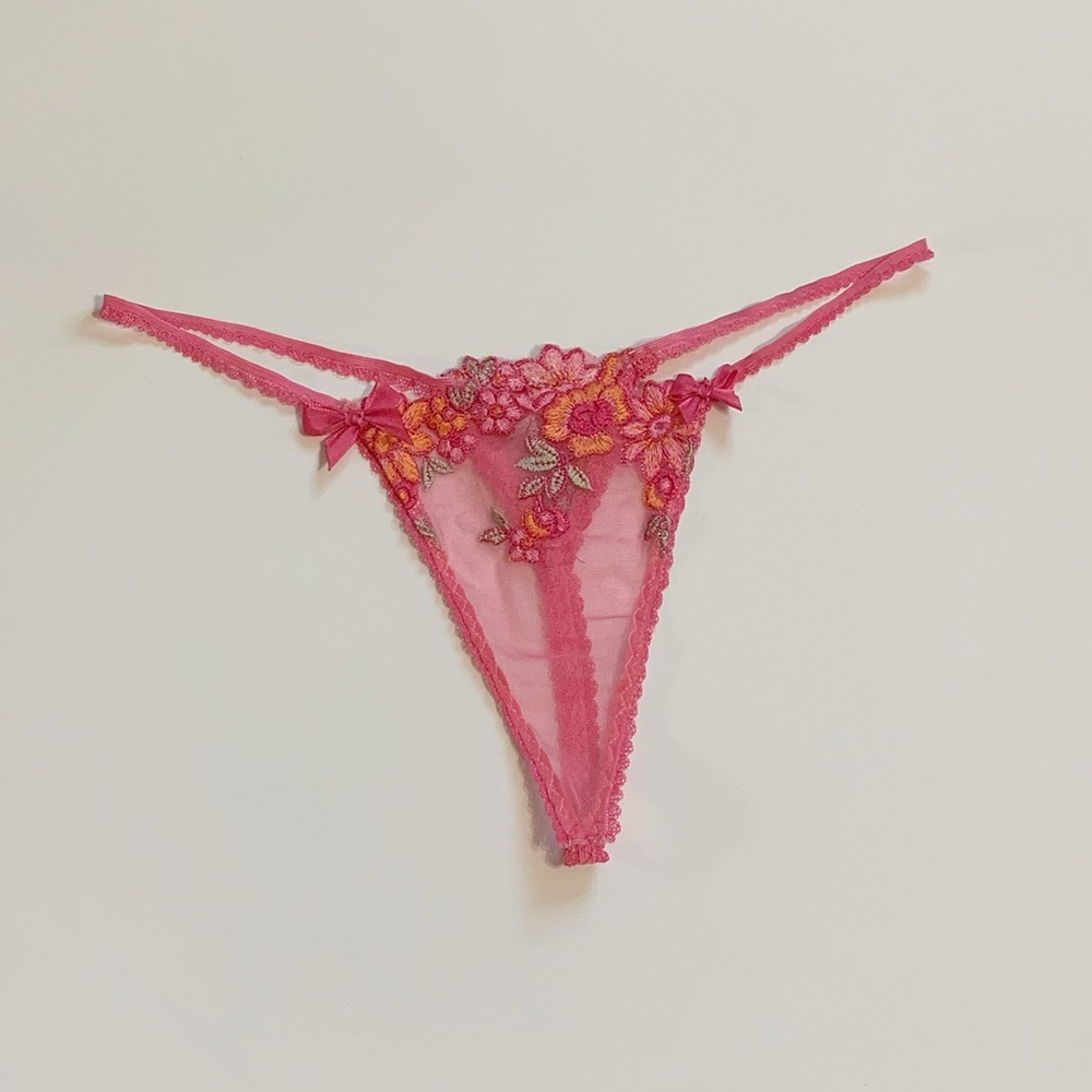 Pink flower embroidered thong